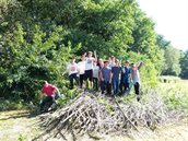 De internationale vrijwilligers van 2016 op een bult snoeihout